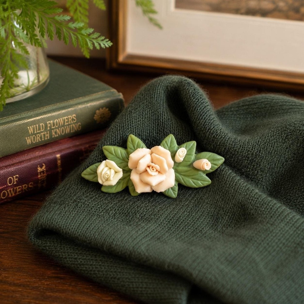 Vintage Bisque Rose Brooch Sage Green Leaves Pink Rose Pin 1980s